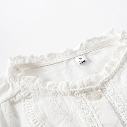 Solid Shirt Women Spring Ruffles Embroidery Lace Decoration Japan Style Long Sleeve Sweet Lovely Loose All-match Single Breasted