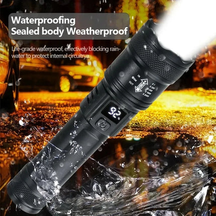 Rechargeable LED Flashlight Zoomable Torch with LCD Display 3 Modes Waterproof High Power Hand Light Outdoor Wilderness Camping