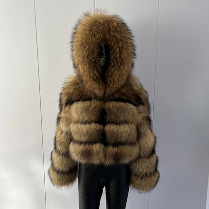 BEIZIRU Women's Real Raccoon Fur Coat Winter Long Sleeve Hooded Jacket with Turndown Collar Natural Luxury Thick Top