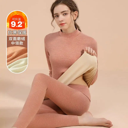 Thermal Underwear Sets for Women Mid-high Collar Winter Warmth High Stretch Base Thick Velvet Tops Trousers Seamless Lingerie