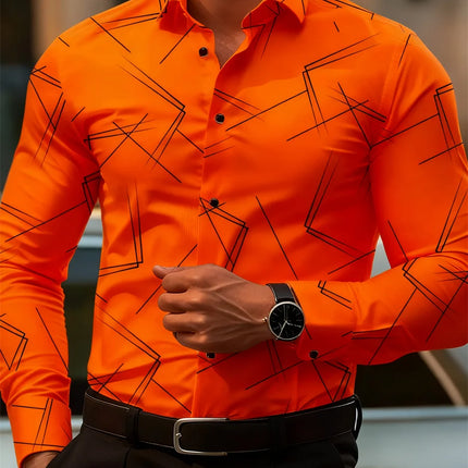 Men's trendy geometric line print long-sleeved shirt Business casual fashion design slim fit non-iron versatile ins style shirt