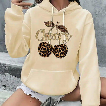 Pocket Hooded Hoodie Streetwear Leopard Cherry Print Long Sleeve Sweatshirt Clothing Hoody Autumn Winter Hoodies