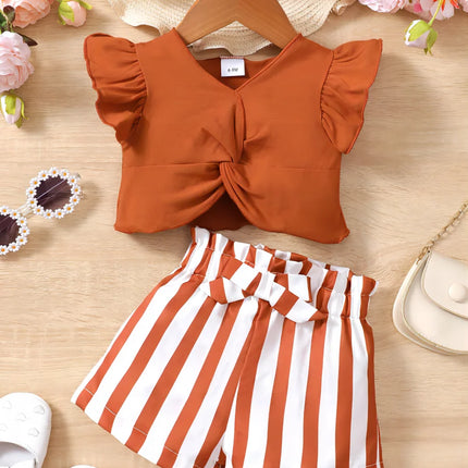 0-2 Year Old Baby Girl Summer Fashion Love Collar Ruffled Short Sleeved And Striped Shorts Two-piece Set
