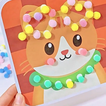 Handmade Material Children's Sticker Book Educational Early Learning Animal Pompom Art Kit Cartoon Montessori Pompom Crafts Toy