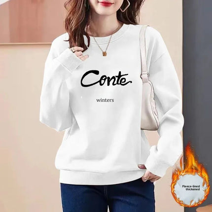 Thickened Fleece Women's Sweatshirt All-Match Comfortable One-Piece Velvet Winter Fashionable Cotton round Neck Printed Top
