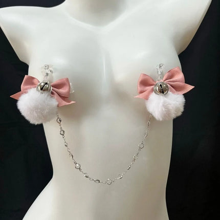 Fuzzy Bow Nipple Clips Bell Collar and Body Chain Pink Breast Restraints BDSM Training Sexy Accessories for Women Adult Sex Toys