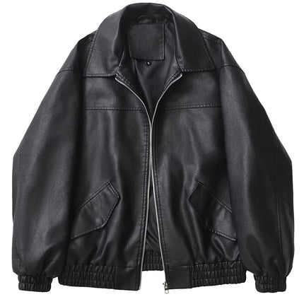 Ailegogo Streetwear Women Retro Loose Short Pu Faux Leather Jacket Spring Autumn Female Zipper Coat Vintage Moto Biker Outwear