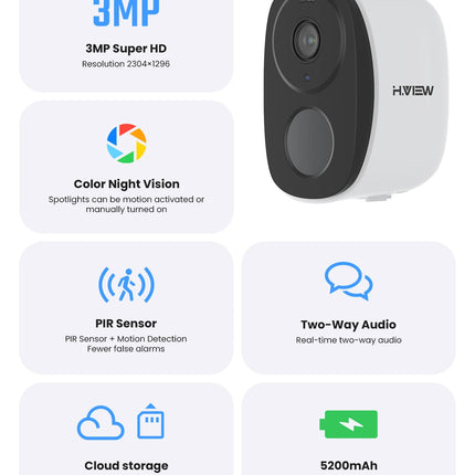 H.VIEW PIR Battery Powered Camera Wireless Outdoor, 2K 3MP WiFi Security Camera with Spotlight Siren, 2-Way Audio, Waterproof
