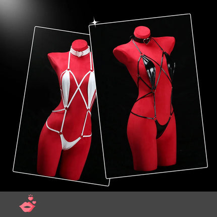 Women Patent Leather Harness Lingerie with Heart Choker Open Back Crotch less Erotic Bodysuit Intimate Club wear for Night Party