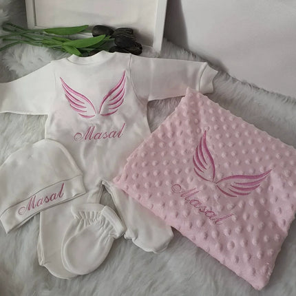 Dollbling Hospital Exit 5pcs Embroidery Name Newborn Angle Wings Romper Blanket  Nursery Bedding Swaddle Handmade Infant Outfit
