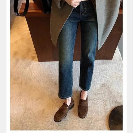 Retro British Style Velvet Surface Chunky Heel Slip-On Flats Women's Autumn Grape Mom Shoes round Toe Rubber Outsole Plain Color