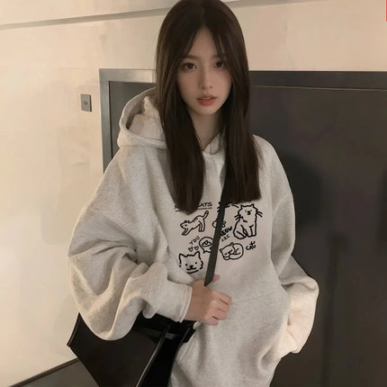 Cute Cat Print Hoodies Women Autumn Winter 2025 New Fashion Street Loose Casual Kangaroo Pouch Sweatshirt Y2K Top Kawaii Clothes