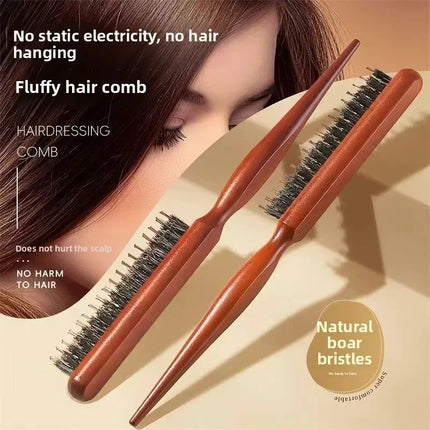 Professional Curly Hair Comb Wooden Handle Pig Bristle Sharp Tail for Fluffy Texture Salon Styling Black Women's Hair Wigs Care