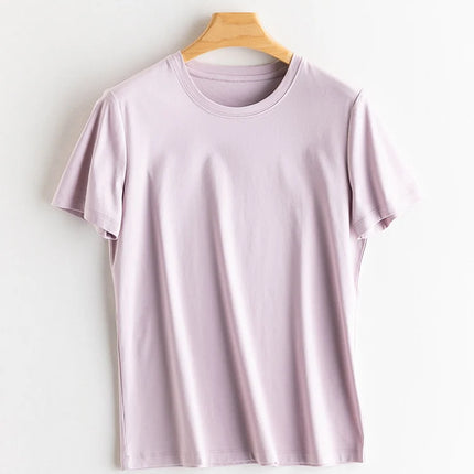 SuyaDream Women Solid T shirts, Silk Cotton Blend, O Neck, Short Sleeved Solid Tee,2025 Summer Candy Colors Basic Cozy Top Green