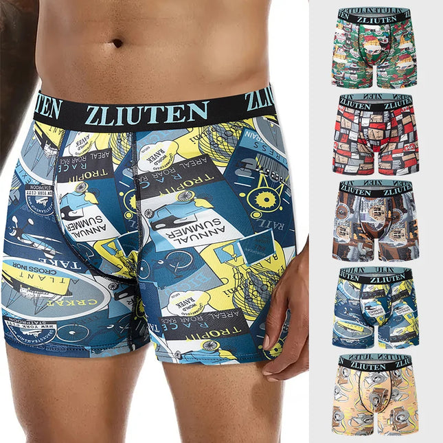5 Pcs Men's Fashion Printing Long Underwear Boxer Shorts Holiday Wind Beach Shorts Comfortable Youth Sports Riding Stretch Pants
