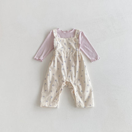 Autumn baby and toddler long-sleeved overalls set: A casual base layer shirt and a sweet two-piece set of printed overalls