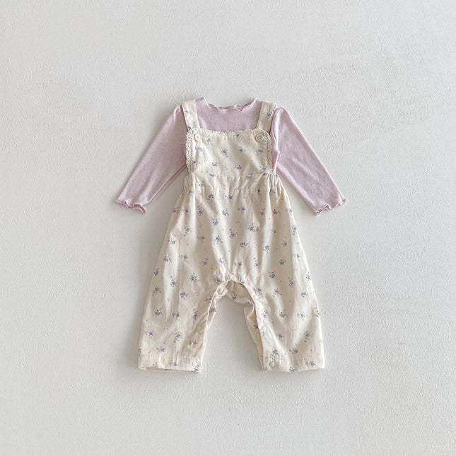 Autumn baby and toddler long-sleeved overalls set: A casual base layer shirt and a sweet two-piece set of printed overalls