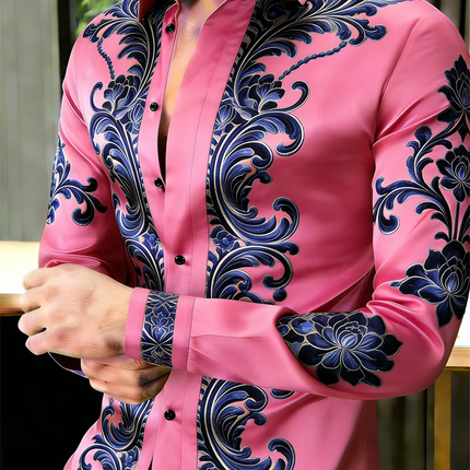 New men's 11 color pattern 3D flower print long sleeved shirt with high-quality and casual long sleeved collar top