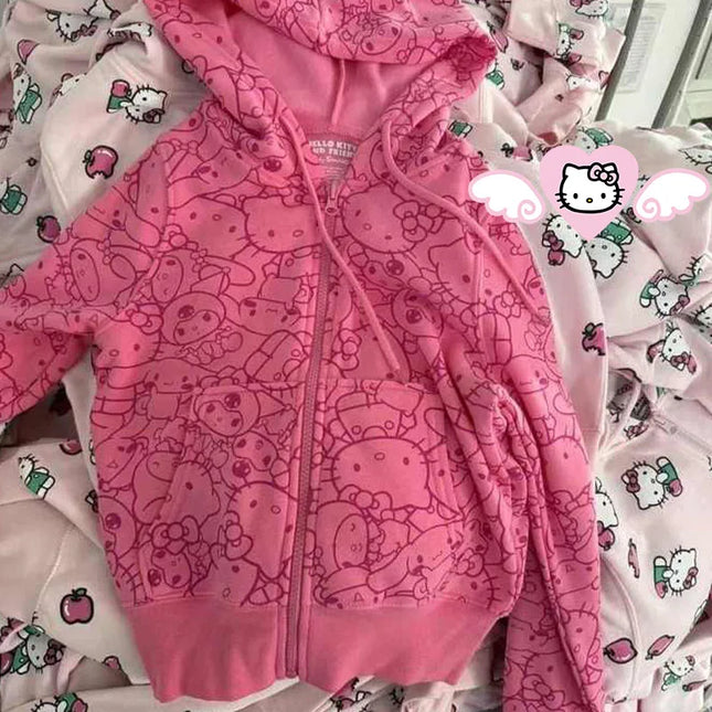 Sanrios Hello Kittys Zipper Hooded Sweater Women Cartoon Print Long Sleeve Sweatshirts Jacket Y2K Girls Kawaii Casual Loose Coat
