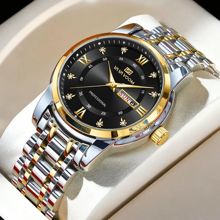 VA VA VOOM Luxury Watch Men Gold Blue Rhinestone Stainless Steel Business Style Original Quartz Movement Week Couple Men Watches