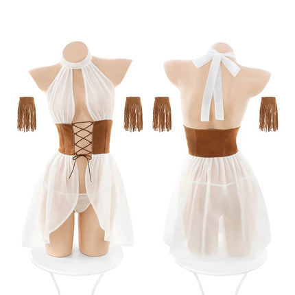 Sexy Lingerie Exotic Open Bra Corset Costume Porn Cowboy Outfit Seductive Halter Dress Tassel Handband See Through Greek Goddess