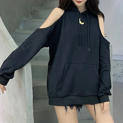Y2k Womens Moon Print Hoodie Long Sleeve Pullover Off Shoulder Tops Blouse Korean Oversize Sweatshirt Sudadera Свитшот