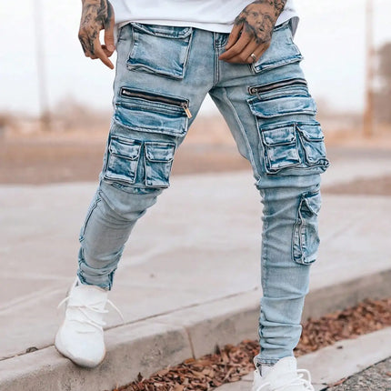 Men’s streetwear, multi pocket vehicle, snug, stretchy, light-colored jeans.