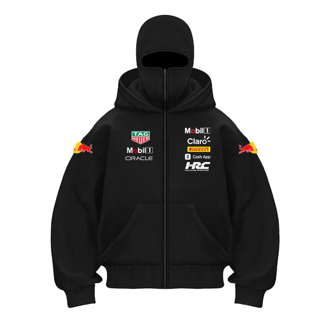 Men's Zipper Cardigan Hoodie with Red Bull Logo Motorcycle Jacket Style Casual Thermal Streetwear Outdoor Mountain Racing Hooded