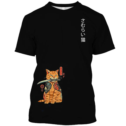 Japanese Samurai Cat Print T Shirt For Men Casual Simplicity O-neck Short Sleeve Fashion Trend Harajuku Streetwear Oversized Top