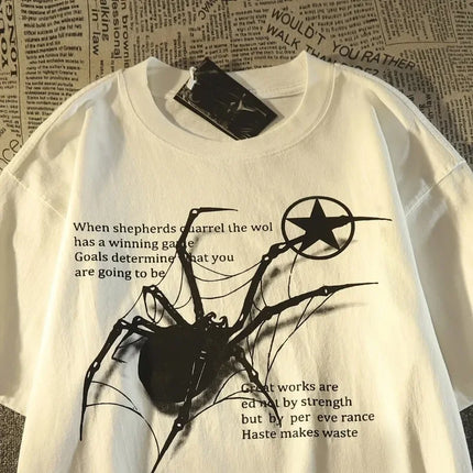 Y2K Korean Streetwear Spider Graphic Acubi Harajuku Egirl Grunge Aesthetic Round Neck Trendy Short-sleeved Top Women's Clothing