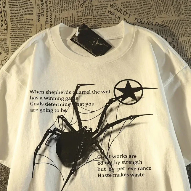 Y2K Korean Streetwear Spider Graphic Acubi Harajuku Egirl Grunge Aesthetic Round Neck Trendy Short sleeved Top Women's Clothing