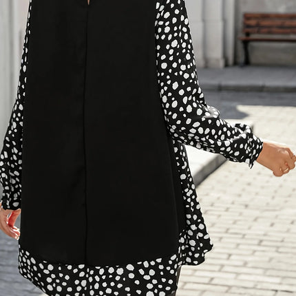 Plus Size Polka Dot Top with Panel Design Elegant Black Long Sleeve Blouse for Vacation Chic and Versatile Casual Wear