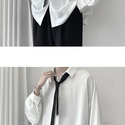 Korean Style Men's Long-sleeved Shirts Black Tie Cozy Casual Solid Oversize Blouses Breathable Loose Shirt Harajuku Male Clothes