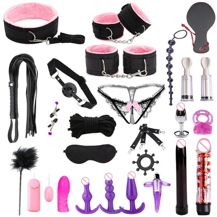 Hot Exotic Bed Bondage Set BDSM Kits Exotic Sex Toys For Women Adults Games Leather Handcuffs Whip Gag Nipple Clamps Sex Shop