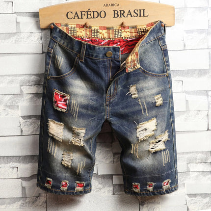 2026 new large size denim shorts retro ripped slim men's five quarter pants with cloth medium pants ripped jeans