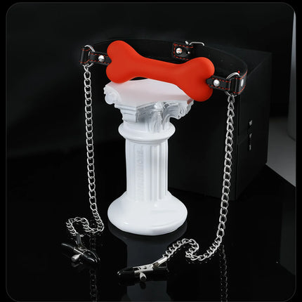 BDSM Silicone Bone Gag with Red Stitching Puppy Play Pet Play Role Play Adjustable Leather Strap Bondage Adult Toy for Couples