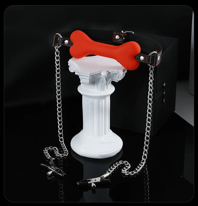 BDSM Silicone Bone Gag with Red Stitching Puppy Play Pet Play Role Play Adjustable Leather Strap Bondage Adult Toy for Couples