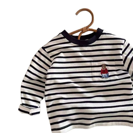 Long Sve Children's T-irt Boys' Inner Wear Striped Top for Big Kids Toddler Boys' Base Layer Bear Design Korean Sle