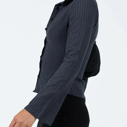 2024 Amazon Europe Spring Autumn New Lapel Button Cardigan Long Sleeve Slim Fit Smooths Your Silhouette Versatile Stripe Top