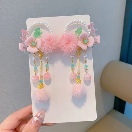New Year Chinese-Style Hair Accessories Collection,Butterfly/Flower/Fan Designs with Fur Balls,Festive Clips for New Year Outfit