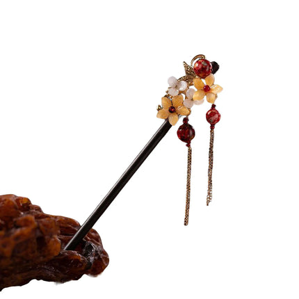 Elegant Chinese Style Wooden Hairpin Imitation Jade Flower Tassel Hair Stick Exquisite Handmade Girls Hair Accessories Hair Clip