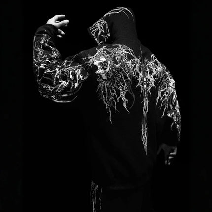 2025New American Style Men's Hooded Sweatshirt Trendy Brand Dark Style Sports Fitness High Street Autumn Winter Men's Sweatshirt