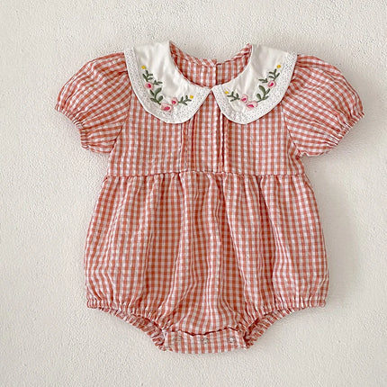0-3Yrs Toddler Baby Girls Rompers Embroidery Bodysuit Girls Jumpsuits Princess Girls Pink Grid Rompers Toddler Summer Clothing