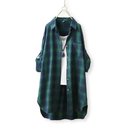 Long-sleeved shirt jacket for women retro large size loose butt-covering long cotton and linen top with plaid shirt