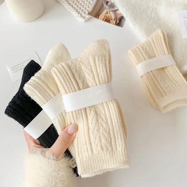 New Cashmere Wool Socks Women's Winter Thicken Warm Black White Pack Set Thermal Japanese Fashion Solid Color