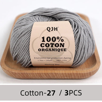 3PCS 100% Organic Cotton Yarn Machine Washable For Adult Baby Sweaters/Gloves/Scarves/Hats Etc. 50 gr (1.76 oz) 125 m (136 yrd)