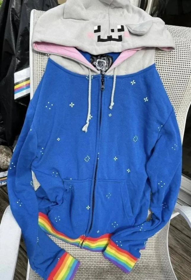 Nyan Cat Blue Zip Up Embroidered Hoodie Pixel Face Ears Hood Rainbow Stripes Star Dots Sweatshirt Jacket Unisex Y2K