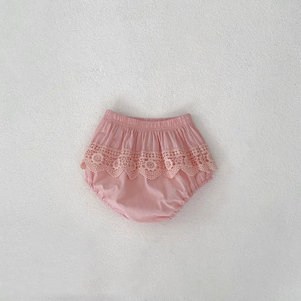 New Summer Baby Girl Round Neck Sleeveless Lace Splicing Top+Clear Color Bag Pants 2-piece Set