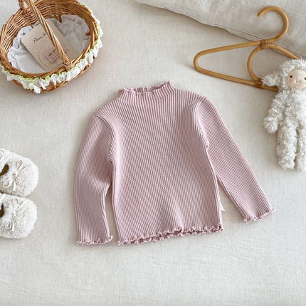 Kids Girls High Neck Knit Sweater Childrens Long Sleeve Undershirt Ruffled Solid Color Autumn for 0-5Y Girls Inner Top