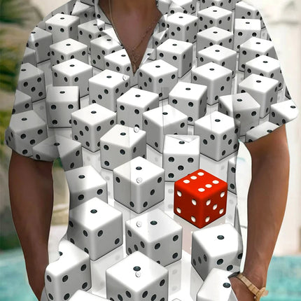 Men's Playing Cards and Dice Printed Short Sleeve Shirt Polyester Fabric Suitable for Summer Vacation and Casual Outing Shirts